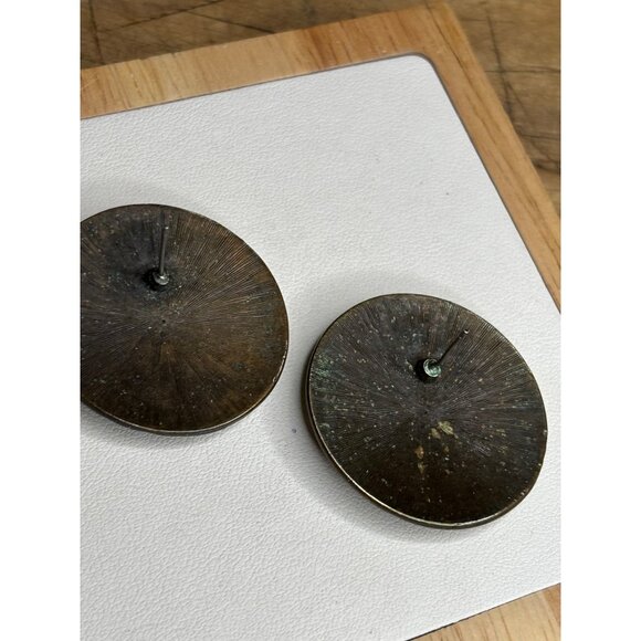 Vintage Brass Round Earrings With Geometric Tribal Design - Picture 6 of 6